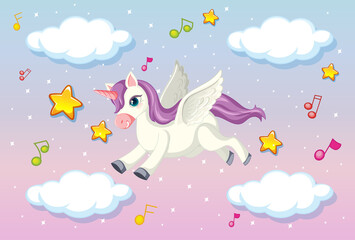 Cute pegasus with purple mane flying in the pastel sky