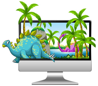 Dinosaur on computer screen background