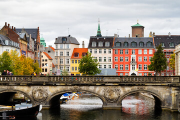 COPENHAGEN, DENMARK - OCTOBER 9, 2016: View of canal and old bridge from bridge Prinsens Bro in...