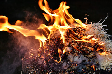the flames and smoke from the fire of the wood shavings