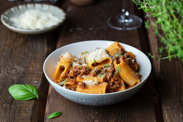 rigatoni Pasta with Bolognese Sauce, Parmesan and Basil