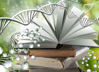 An abstract image of a DNA strand that fills the space around books