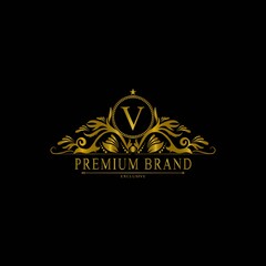 V Luxury Logo. Template flourishes calligraphic elegant ornament lines. Business sign, identity for Restaurant, Royalty, Boutique, Cafe, Hotel, Heraldic, Jewelry, Fashion and other vector illustration