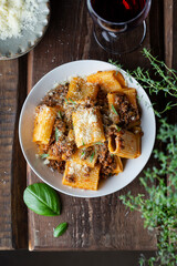 rigatoni Pasta with Bolognese Sauce, Parmesan and Basil