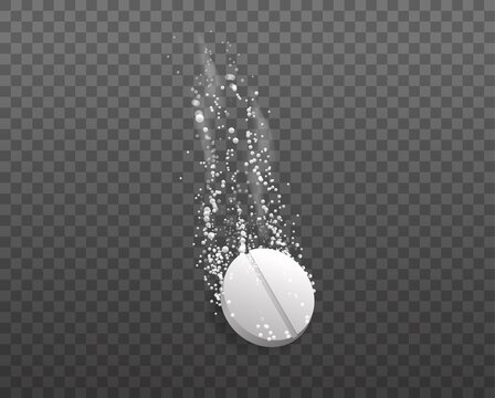 Dissolving effervescent tablet. White pill disintegrates into parts in water strong painkiller rescue from headache and toothache clipart medication with bubbling gas movement dissolution vector.