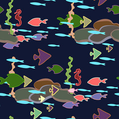 seamless pattern under water colored doodle fish