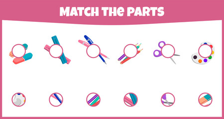 Educational game. Match the parts. Match parts of school supplies. Worksheet for education. Mini-game for children.