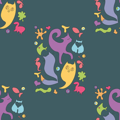 children funny doodle seamless pattern with figurines of animals and fish