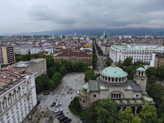 View from above. Great capital of Bulgaria,pearl of Balkans - Sofia. Place of culture, religion and traditions. Aerial photo created by Drone.