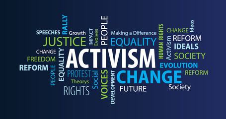 Activism Word Cloud on a Blue Background