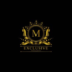 M Luxury Logo. Template flourishes calligraphic elegant ornament lines. Business sign, identity for Restaurant, Royalty, Boutique, Cafe, Hotel, Heraldic, Jewelry, Fashion and other vector illustration