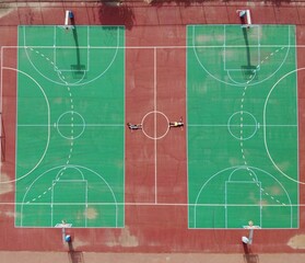Another view on basketball court. Turn on your imagination and enjoy. Perfect angle create perfect photo. Anothe? geometric dimension. Aerial view from above by drone
