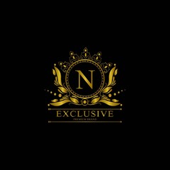 N Luxury Logo. Template flourishes calligraphic elegant ornament lines. Business sign, identity for Restaurant, Royalty, Boutique, Cafe, Hotel, Heraldic, Jewelry, Fashion and other vector illustration