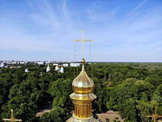 View on church from above. Chernihiv - beauty and historical city in the north part of Ukraine. Drone photography