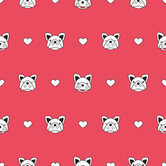 Dog seamless pattern, French bulldog on red background, Dog icons. 