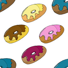 Seamless pattern of donuts in glaze. Vector of donuts. Seamless background of donuts in colored glaze.