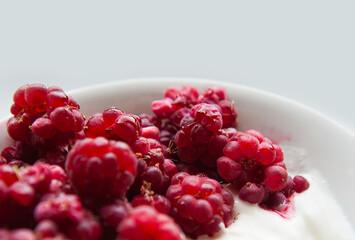Raspberries with yogurt on white plate