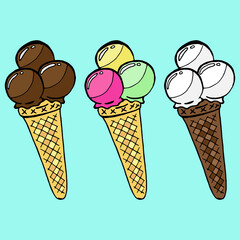 Ice cream icon. Cone ice cream raspberry, chocolate, pistachio. Hand drawn ice cream ball.
