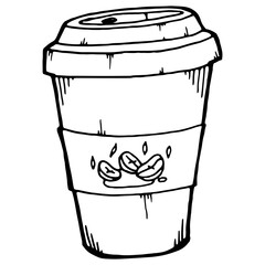 Paper cup for coffee. Hand drawn paper cup of tea. Plastic, paper cup for coffee, tea icon.