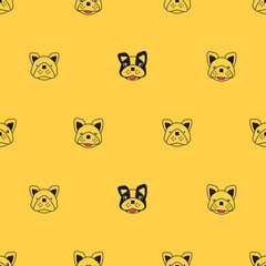 Dog seamless pattern, French bulldog on yellow background, Dog icons. 