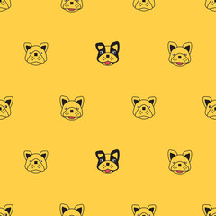 Dog seamless pattern, French bulldog on yellow background, Dog icons. 