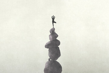 illustration of person meditating on a unstable stone's tower, zen concept