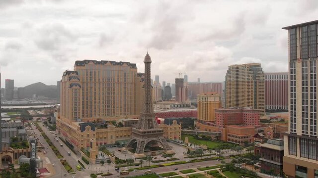 Aerial approach shot of Cotai Strip, Macau on cloudy day