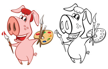 Vector Illustration of a Cute Cartoon Character Pig for you Design and Computer Game. Coloring Book Outline Set 
