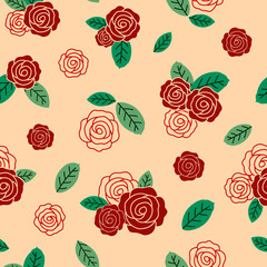 Fototapeta na wymiar Red rose seamless pattern. Seamless pattern with rose illustration. Rose flower & leaf vector pattern