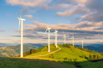 Sunset over the wind turbines of Oiz mountain