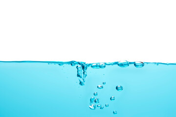 Bubbles float from the middle of the water rising to the water surface. Blue background