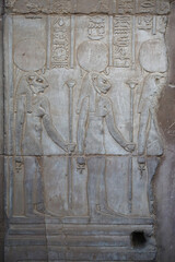 Kom Ombo, Egypt: Detail of carvings at Kom Ombo Temple, a unique double temple built during the Ptolemaic dynasty, 180-47 BC.