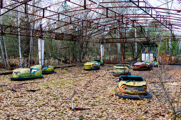 CHERNOBYL, UKRAINE - NOV 10, 2016: Abandoned amusement park in Pripyat, Chernobyl alienation zone.