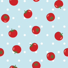 Tomato seamless pattern with blue polka dot background