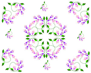 Variants of vector patterns of pink and purple bells and green leaves
