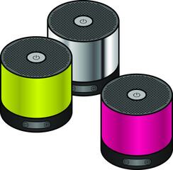 A group of three small portable speakers in silver, lime green, and red.