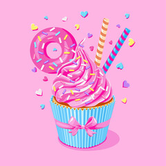 sweet pink fairy cupcake with pink donut, waffle and sprinkles on pink background.
