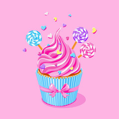 sweet pink fairy cupcake with  lollypops and sprinkles on pink background.