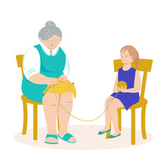 Grandmother sits on a chair and knits. Little girl, granddaughter, holds a ball.Vector illustration. Isolated on a white background.