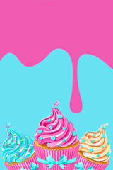 pink glaze and sweet pink fairy cupcakes with sprinkles on blue background. vector illustration