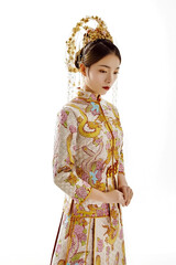 Girl wearing Asian costume in white background