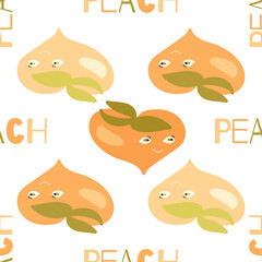 Seamless texture. Decorative background design with summer stylized peach fruits. Colorful vector pattern for textile, stationery, wallpaper, wrapping paper, web, scrapbook.