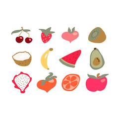 Set of cute hand drawn fruits. Banana, pitaya, watermelon slice, kiwi, avocado, peach, strawberry, cherry, coconut, apple and peach fruits