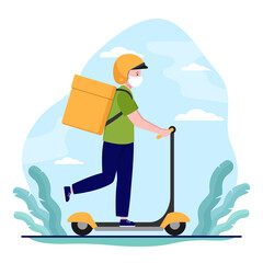 Young male courier in mask on scooter. Pandemic, protection, bag flat vector illustration. Delivery service and shipping concept for banner, website design or landing web page