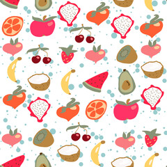 Seamless texture. Decorative background design with summer fruits. Colorful vector pattern for textile, stationery, wallpaper, wrapping paper, web, scrapbook.