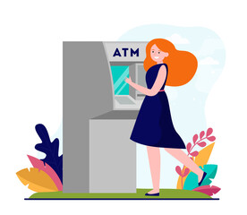 Young girl using ATM or cash terminal. Cash dispenser, money, card flat vector illustration. Finance and technology concept for banner, website design or landing web page