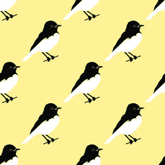 Variable wheatear bird on color background is in Seamless pattern
