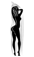 Silhouette of a cute young lady. The girl washes in the shower. The woman has a slim beautiful figure. Vector illustration.