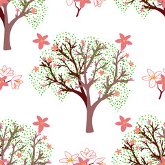 Seamless pattern with floral and herbal elements. Decorative texture with blooming spring trees for wallpaper, textile, stationery, scrapbook, web, wrapping paper.