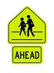 isolated pedestrian school cross walk sign on light green board with the word "AHEAD" flat vector design